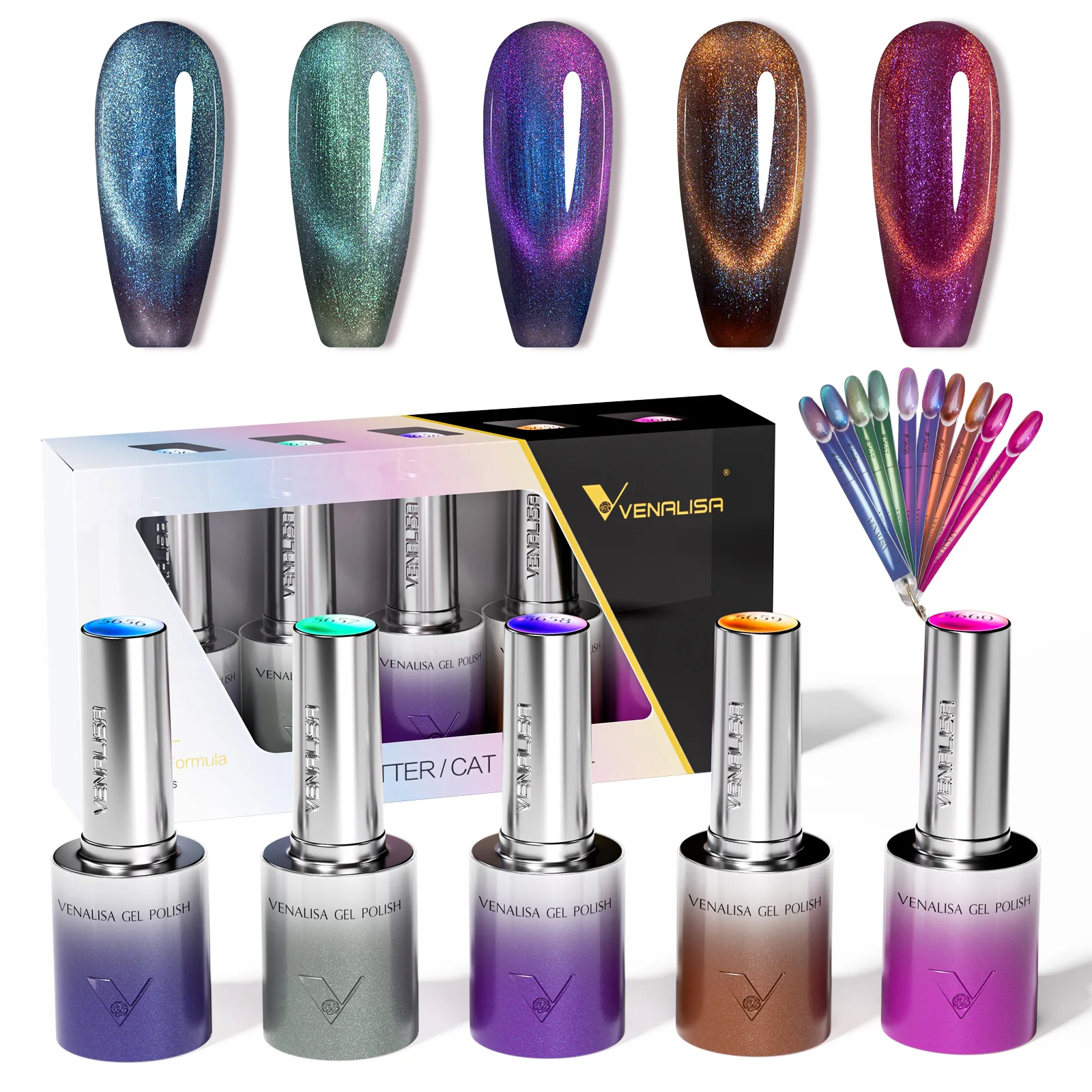 Фото 5 шт. Venalisa Hema/TPO Free Cat Eye Гель-лак для ногтей Набор цветовой палитр Ультра блестящий алмазный блеск Soak Off УФ-светодиодный набор лаков №1