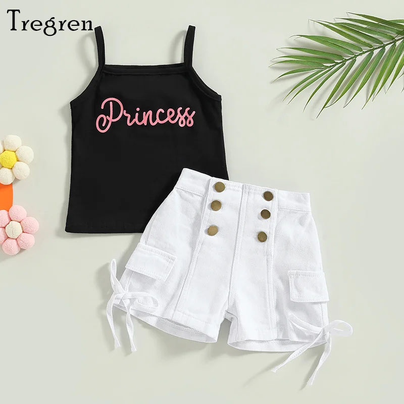 

Комплект летней одежды для девочек Tregren, верх-топ на бретельках и джинсовые шорты на пуговицах с эластичным поясом, 2 шт., Oufits