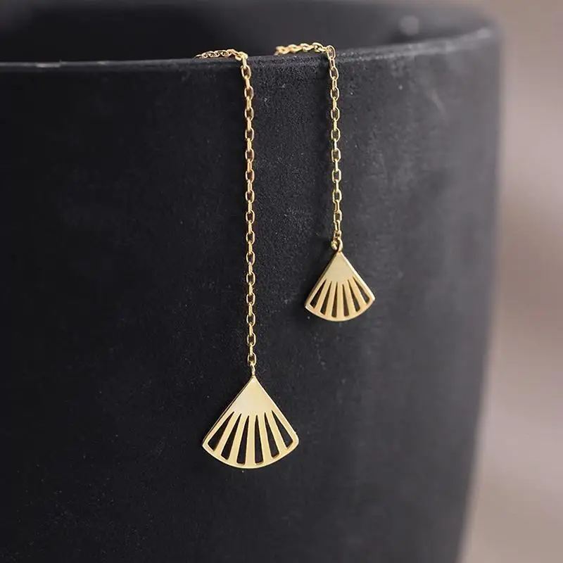 

Chinese Style Asymmetric Fan Earrings S925 Pure Silver Ear Studs Women's Vintage Fan Chain Long Earline