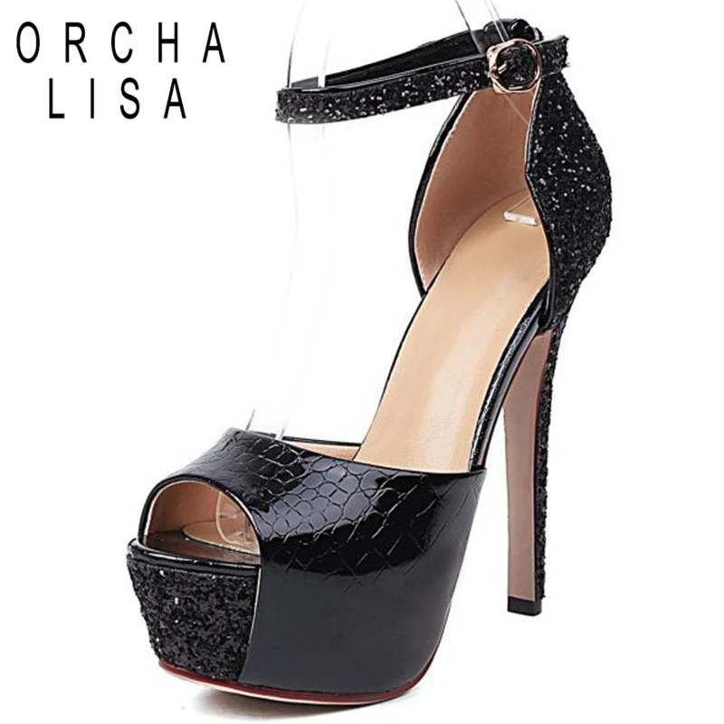 

ORCHA LISA Women Sandals Platform Peep Toe High Heels Buckle Strap Party Plus Size 32-43 Mix-Color Black Beige Sexy Spring S3358