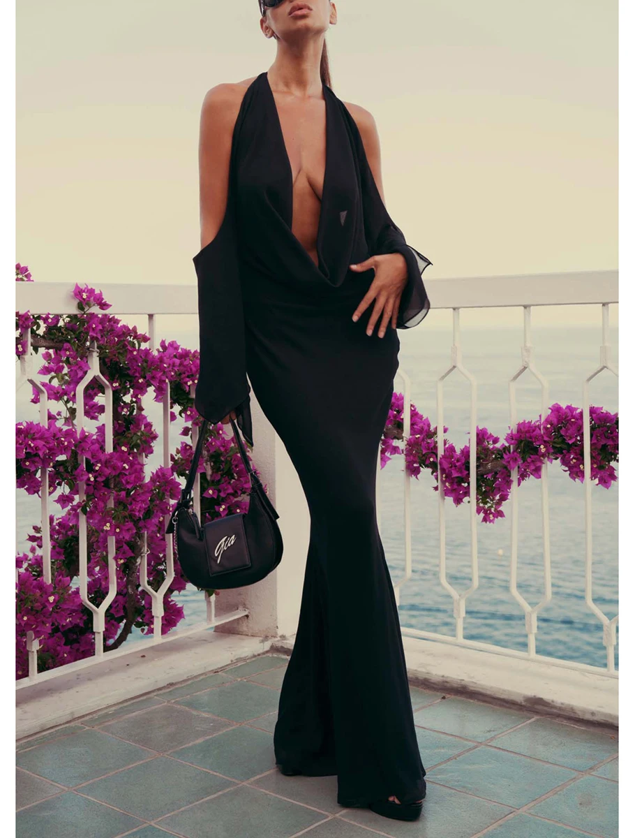 

Женское платье с длинным рукавом, однотонное ажурное платье с высокой талией, летняя одежда, уличная одежда