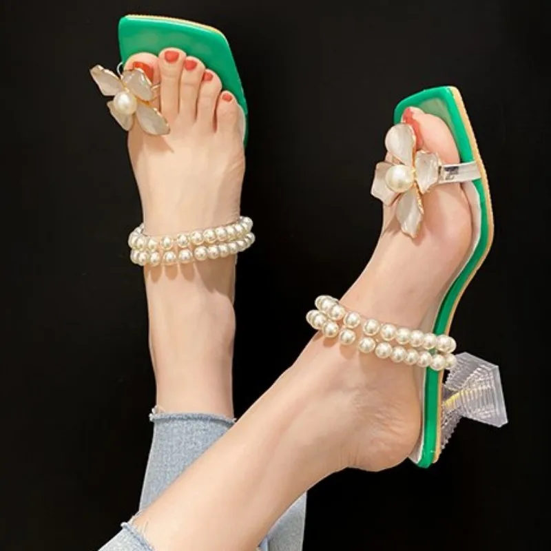 

Шлепанцы женские с жемчугом, сандалии на среднем каблуке, Классические босоножки с цветами, Повседневные тапочки, лето 2023