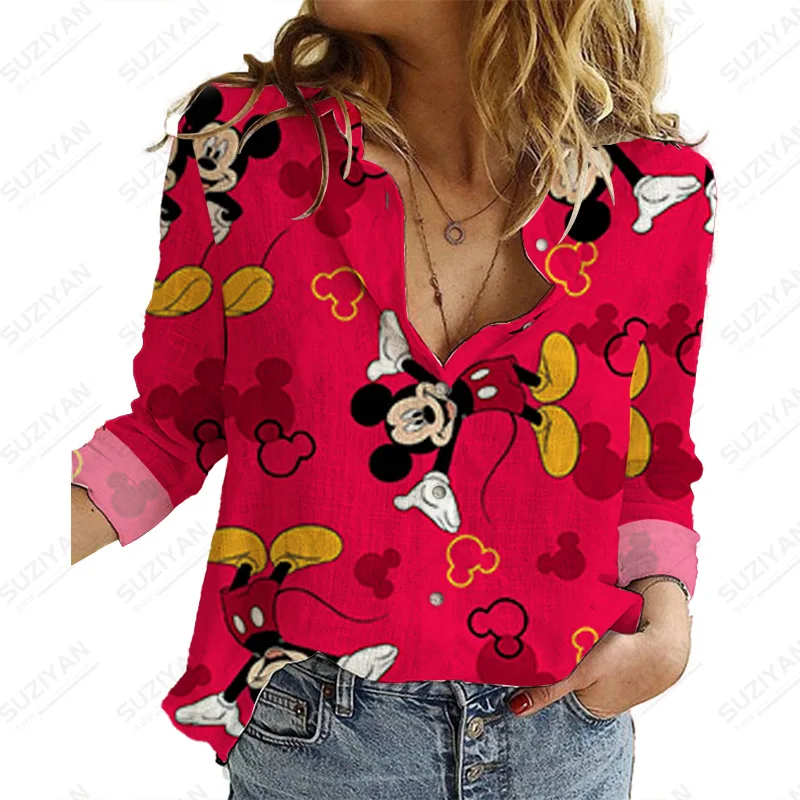 

Temperament CasualDisney Mickey Minnie Shirt Casual Work Long Sleeve Blouse Lapel Women Turn Down Collar