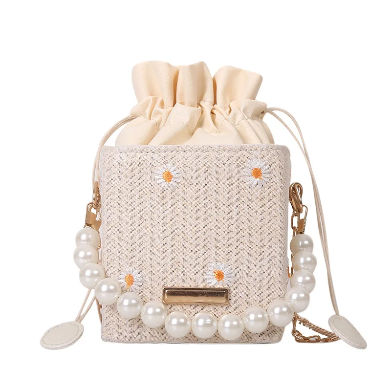 

Женская маленькая сумка, новинка 2023, пляжная сумка-мешок, соломенный Плетеный женский рюкзак через плечо с цепочкой и жемчужинами в стиле интернет-знаменитостей