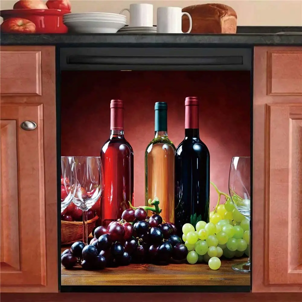 

Wine Dishwasher Magnet,Country Grape Kitchen Decor Panels,Vineyard Theme Refrigerator Door Magnetic Sticker Cover, Home Applianc