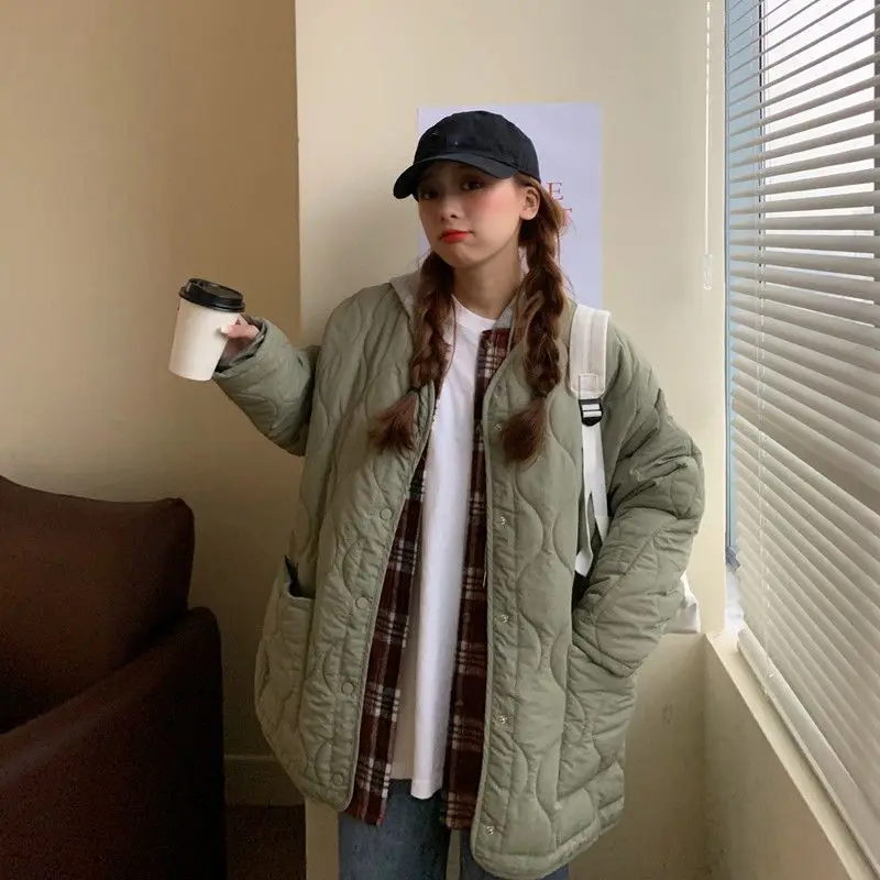 Clothes Korean Cotton-padded Jacket Women Winter O-neck Thicken Down Coat Female Loose Diamond Solid Casual Streetwear Parkas