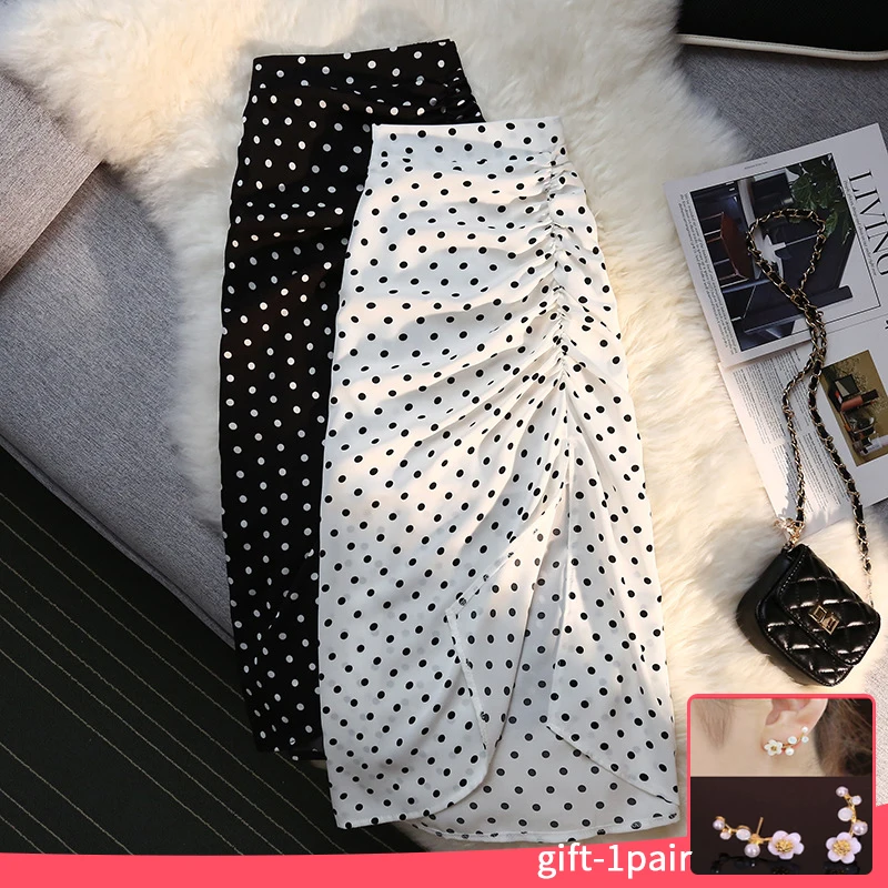 

Korean Fashion Women's Skirt Back Elastic White Polka Dot Print Chiffon Skirt Summer 2022 Mid Length High Waist for Girls Skirts