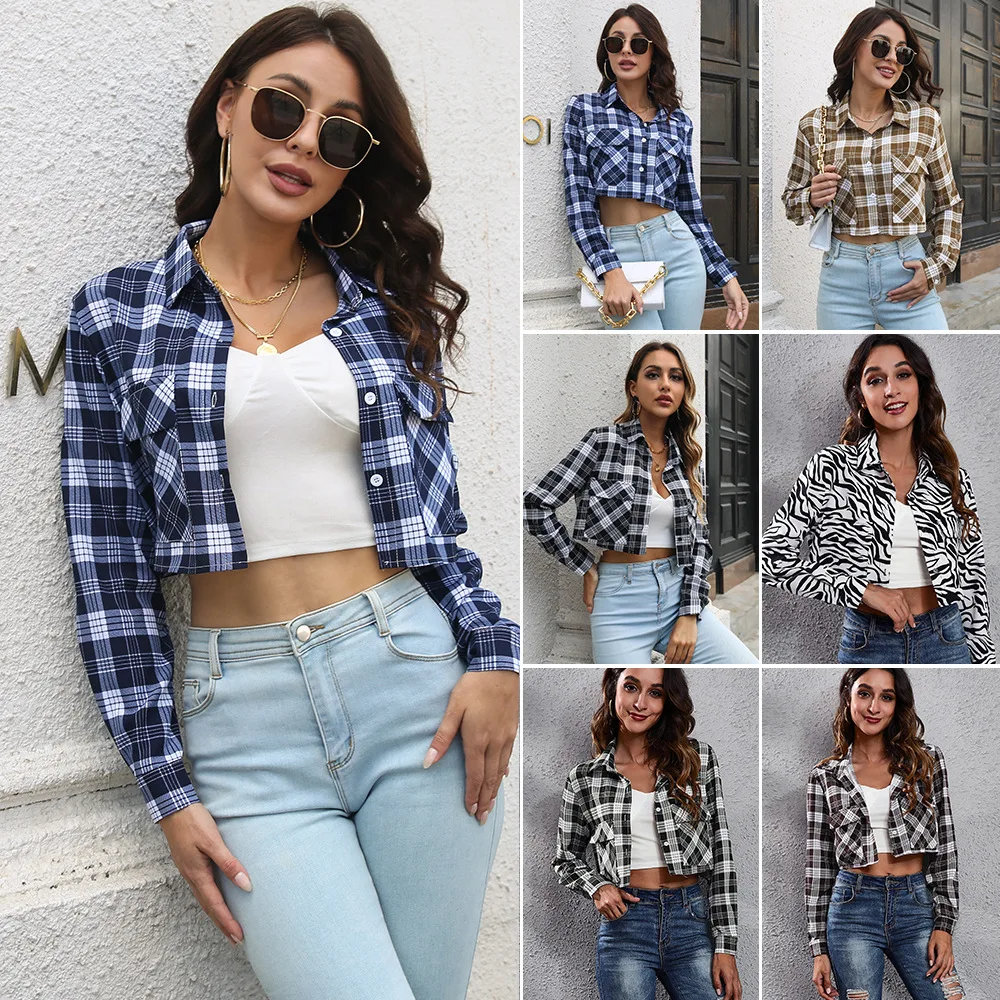 

Plaid Zebra Pocket Long Sleeve Shirt Open Navel Short Coat Cardigan Thin Coat Women's Plaid Coat Printing Plaid Shirt