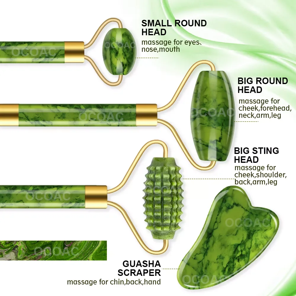 

Massager For Face Jade Roller Set Green Facial Natural Gouache Scraper Body Back Beauty Skin Care Slimming Massagers
