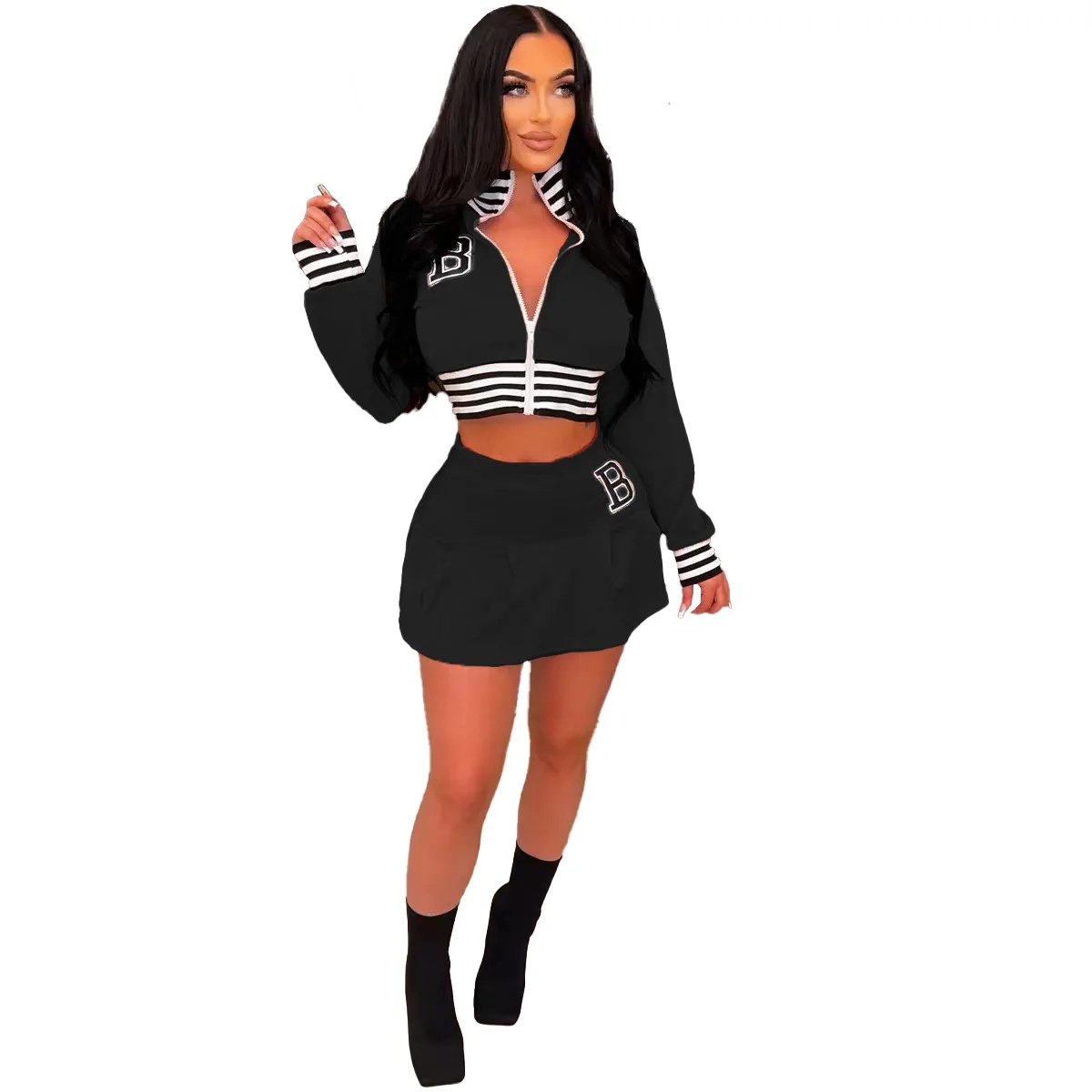 

LEOSD Two Piece Outfits Spring Baseball Uniform Casual Mini Dress Suit Sexy Crop Top Short Skirts Tracksuit Womens Skirt Sets