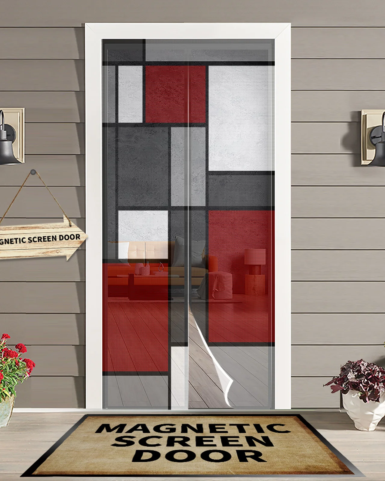 

Geometric Crimson Abstract Anti Mosquito Gauze Door Curtain Magnetic Door Screen for Bedroom House Summer Door Window Screens