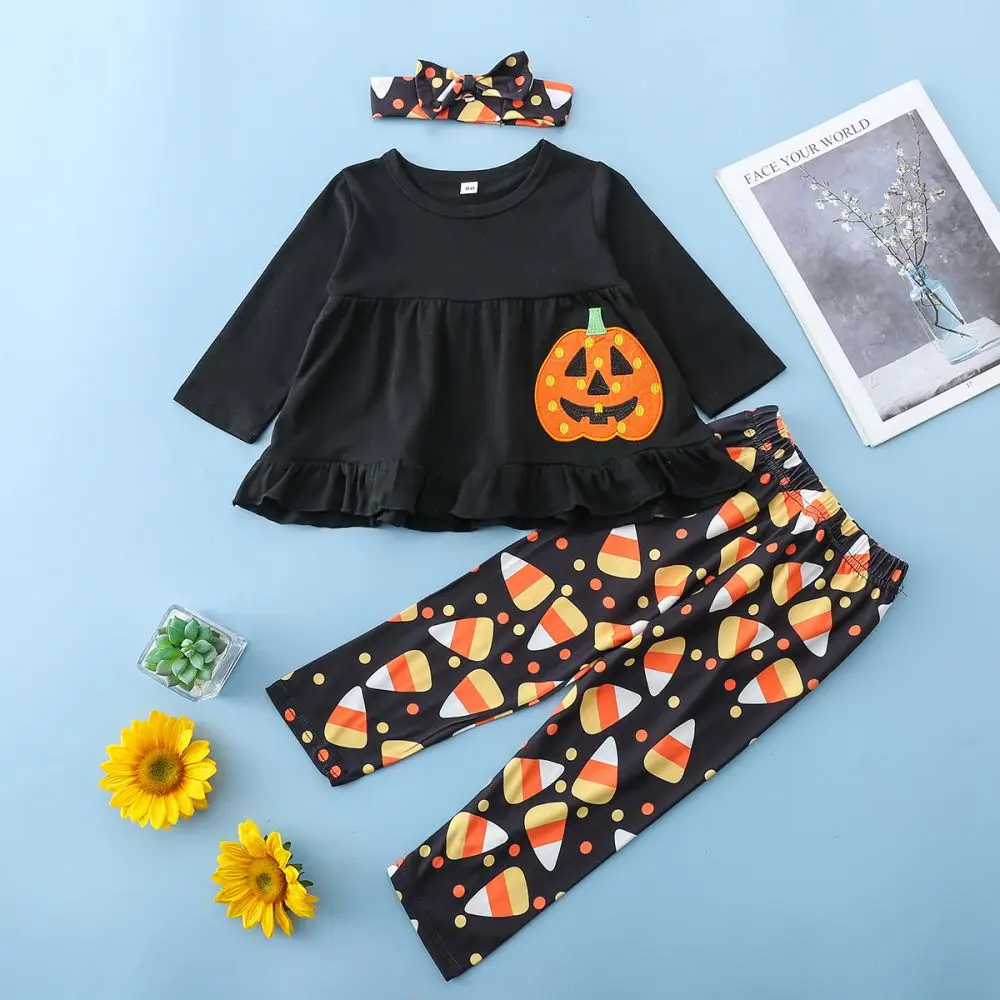 

Halloween 1-6T Outfits Baby Girls Clothes Set 3pcs Toddler Bebes Suit Pumpkin Embroidered T-shirt+Headband+Pants Costume for Kid