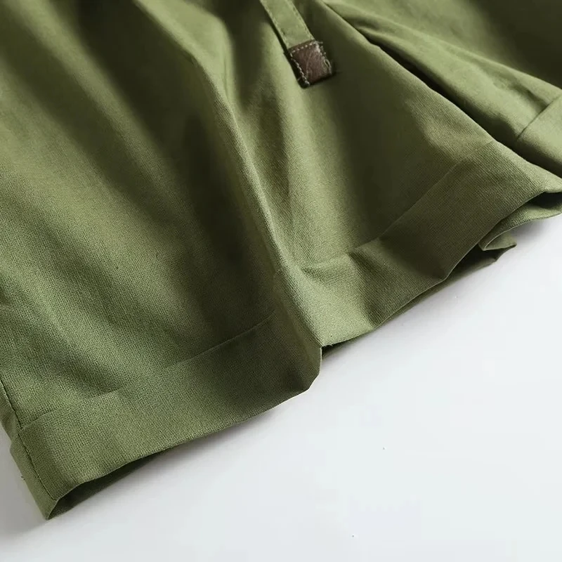 Elmsk 2023 Fashion Simple Cotton Shorts Pleated Casual Linen Sashes Bermuda Loose Shorts Women