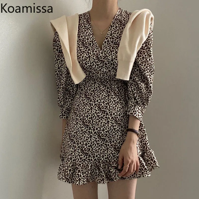 

Koamissa Fashion Women Long Sleeve Wrap Bodycon Dress Vintage Cross V Neck Leopard Mini Dress Ladies Spring Club Party Sundress