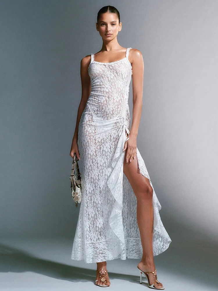 

Articat Sexy Lace Print High Split Women's Dress Slim Fit Open Back Transparent Lace up Female Midi Dress Party Club Vestidos