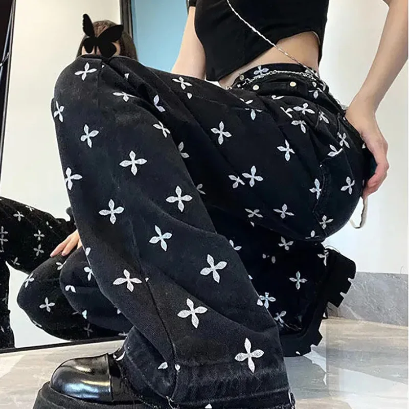 American Style Crucifix Printed Y2k Baggy Jeans Women Spring Summer Street Casual Pants Vintage High Waist Wide Leg Traf Trouser