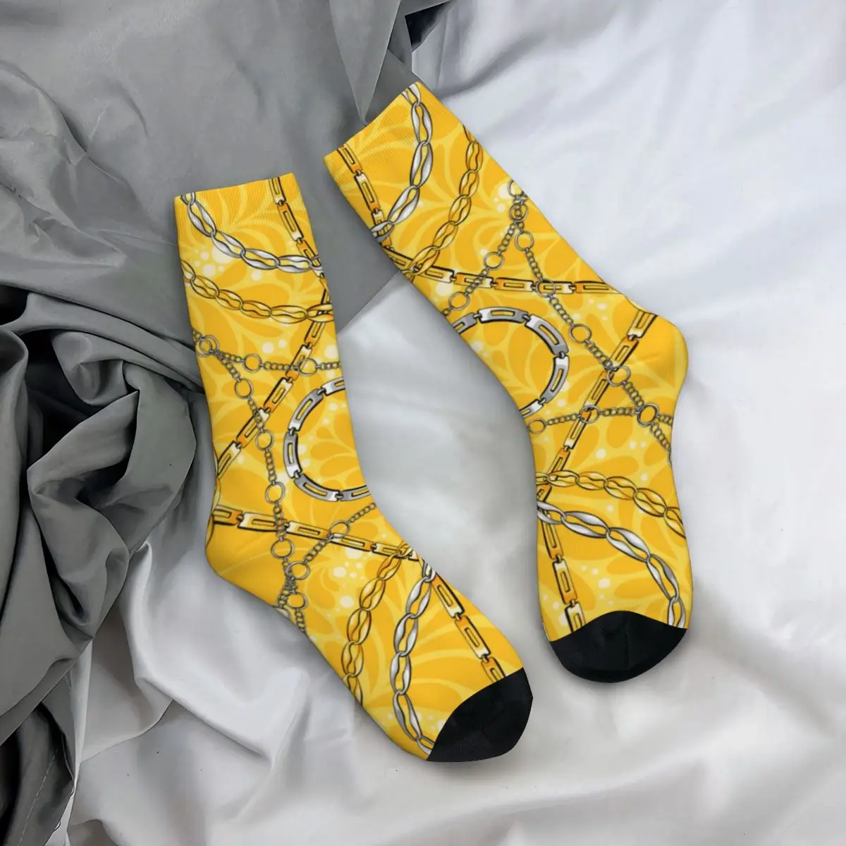 

Elegant Chain Print Socks Yellow Floral Creative Trendy Mid Stockings Large Chemical Fiber Teen Training Socks