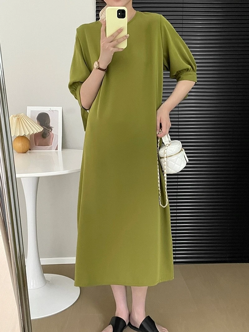 

Summer Fashion Sweet Elegant Plain Drape Effect Half Sleeve O-neck Chic Chiffon Midi Dresses Women Ladies Long A-line Dress
