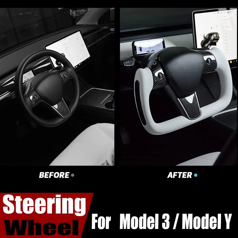

For Tesla Model 3 /Y 2017-2023 370MM Yoke Handle Steering Wheel Heating Optional Personalized Black White Leather Steering Wheel