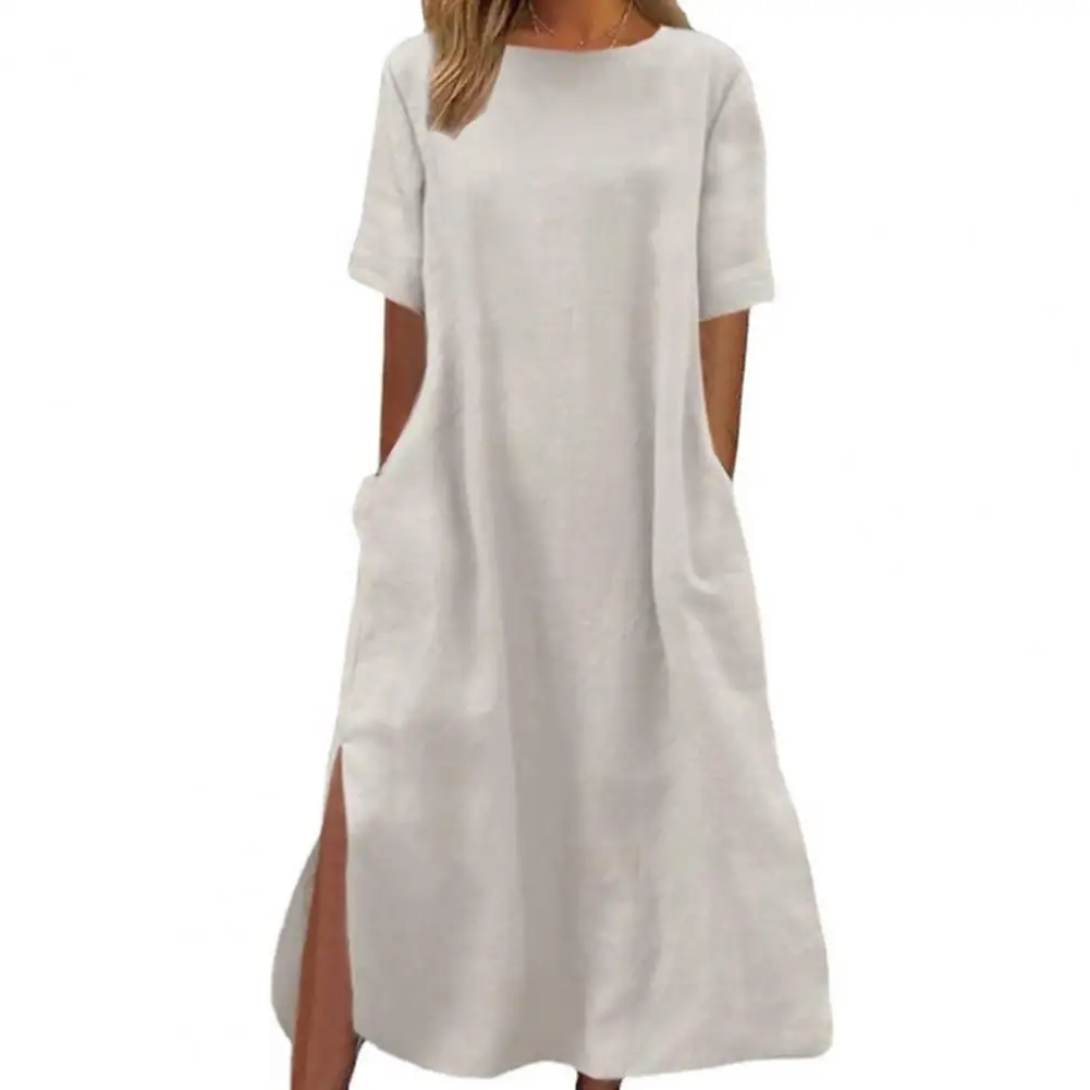 

Women Midi Dress Versatile Women's Casual Midi Dress O-neck Short Sleeve Pockets Side Split Hem Solid Color Loose Fit Thin