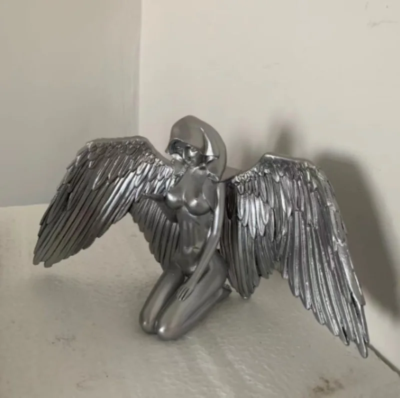 2022 New Art Angel Female Wings Silver Kneeling Angel Art Resin Ornament statue  sculpture  living room decoration