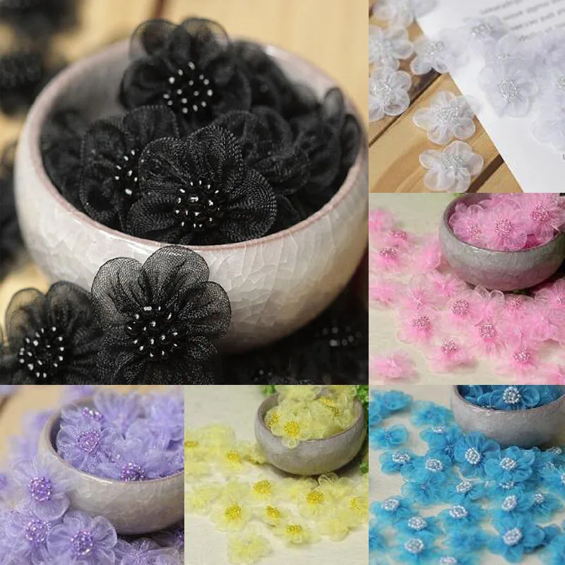 

HOT 3D Five-petal flower organza patches DIY sewing beads Sticker applique cloth dress wedding Hairpin headdress decor 5pcs/lot