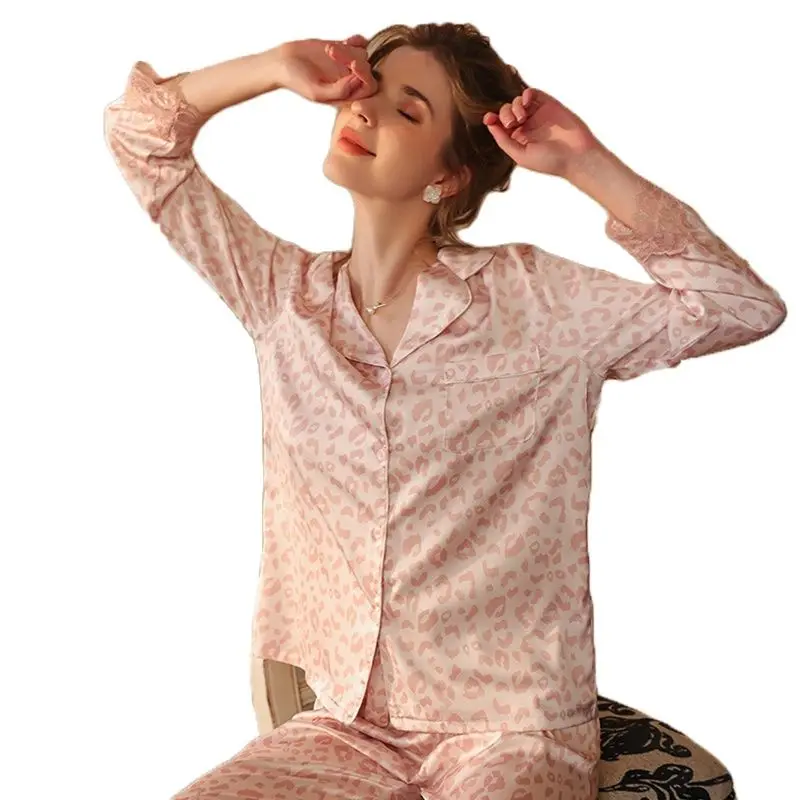 Pink Leopard Pajamas Women's Ice Silk Suit Summer Thin Long Sleeve Pants Worn Outside 2022 New Home Clothes Sexy Robe Sleepwear