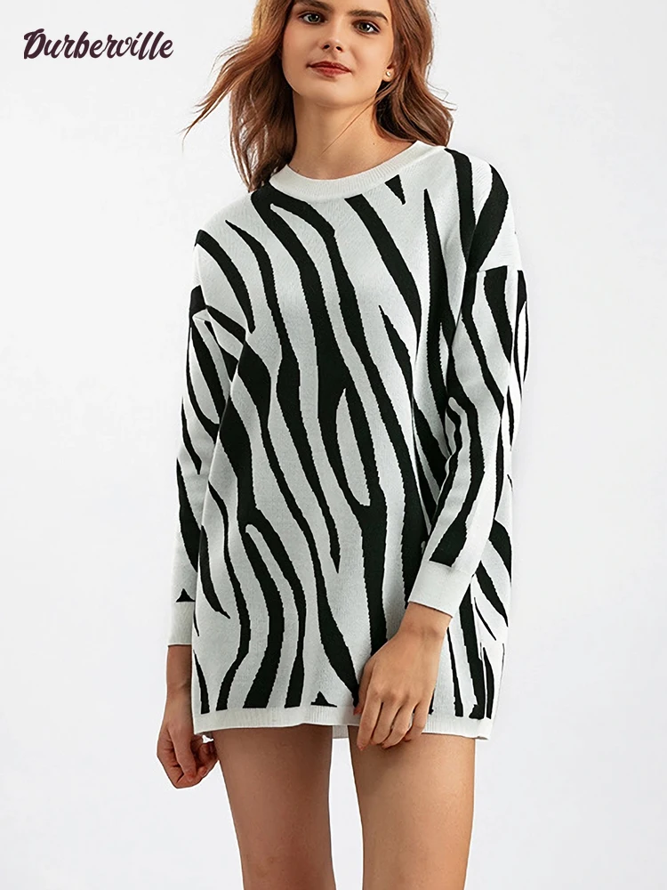 

Oversized Women Autumn Winter Warm Sweater Euro Style Zebra-stripe Thick Fashion Knit Ladys Loose Casual Pullover Jumper Top