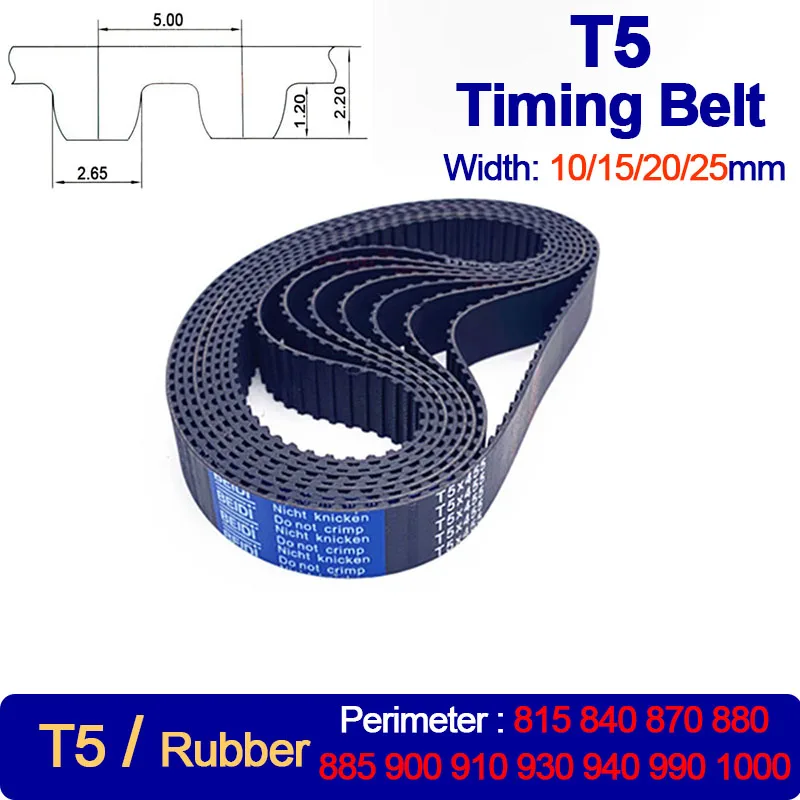 1Pc T5 Rubber Timing Belt Width 10 15 20 25mm Length 815 840 870 880 885 900 910 930 940 990 1000mm Closed-Loop Synchronous Belt