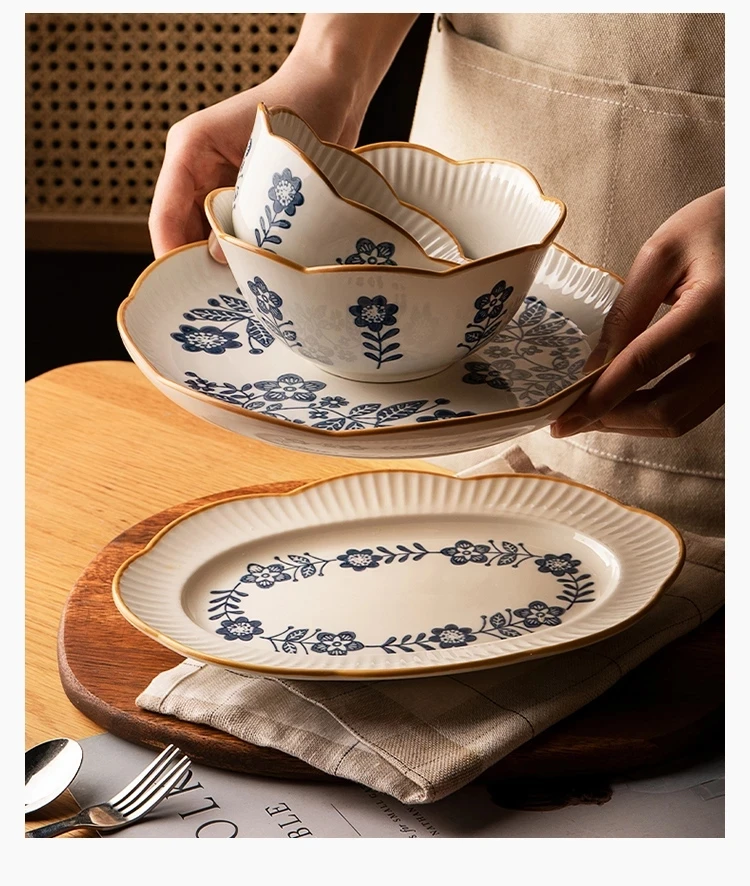 

Набор японских керамических тарелок в стиле ретро, миска для лапши из Пномпеня, столовая посуда с цветочным краем, 9,5 дюймов, блюдо для рыбы