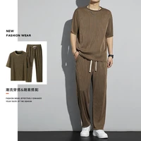 2022 summer two piece sports casual suit fashion round neck short sleeve t shirt mens long pants sports pants two piece set