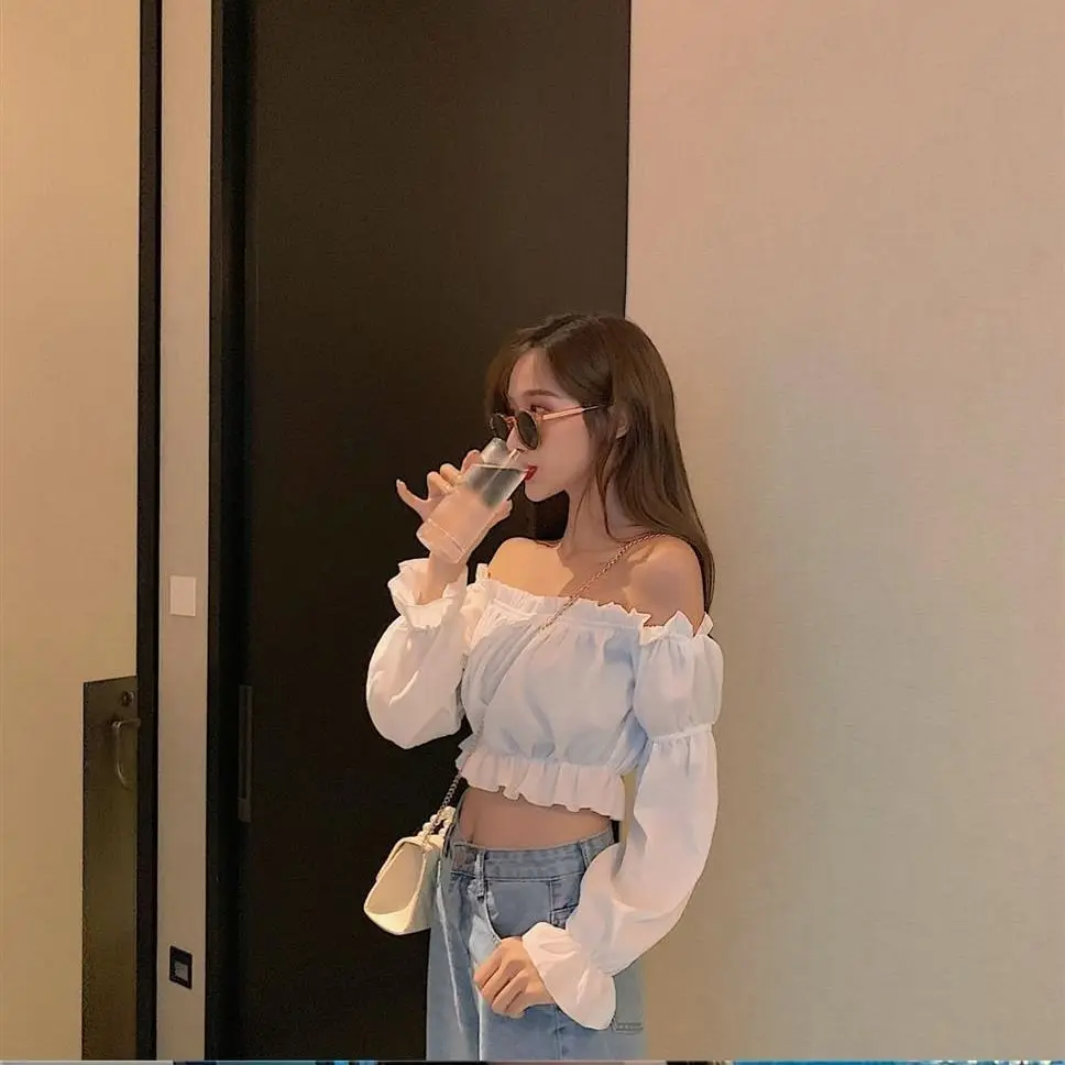 

Summer Tube Top Women Top Sexy Blouse Off Shoulder Top Long Sleeve Solid Color White Shirt Puff Sleeve Ruffle Tunic Crop Top
