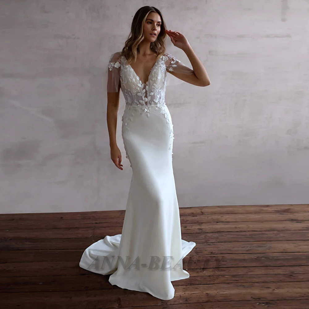 

Anna Elegant Double V Neck Wedding Dresses for Woman Party Satin Flare Sleeves Appliques Trumpet Backless Vestido De Novia