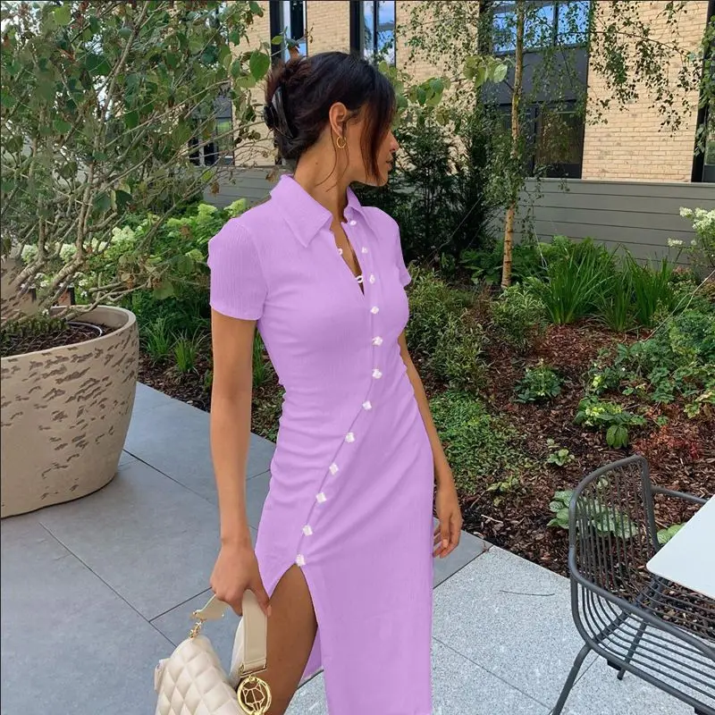 

Платье женское летнее с отложным воротником, тонкое облегающее трикотажное платье на пуговицах, с коротким рукавом, с разрезом, с бедрами