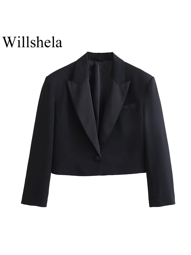 

Willshela Women Fashion With Pocket Black Single Button Cropped Blazer Vintage Notched Neck Long Sleeve Female Chic Lady Outfits
