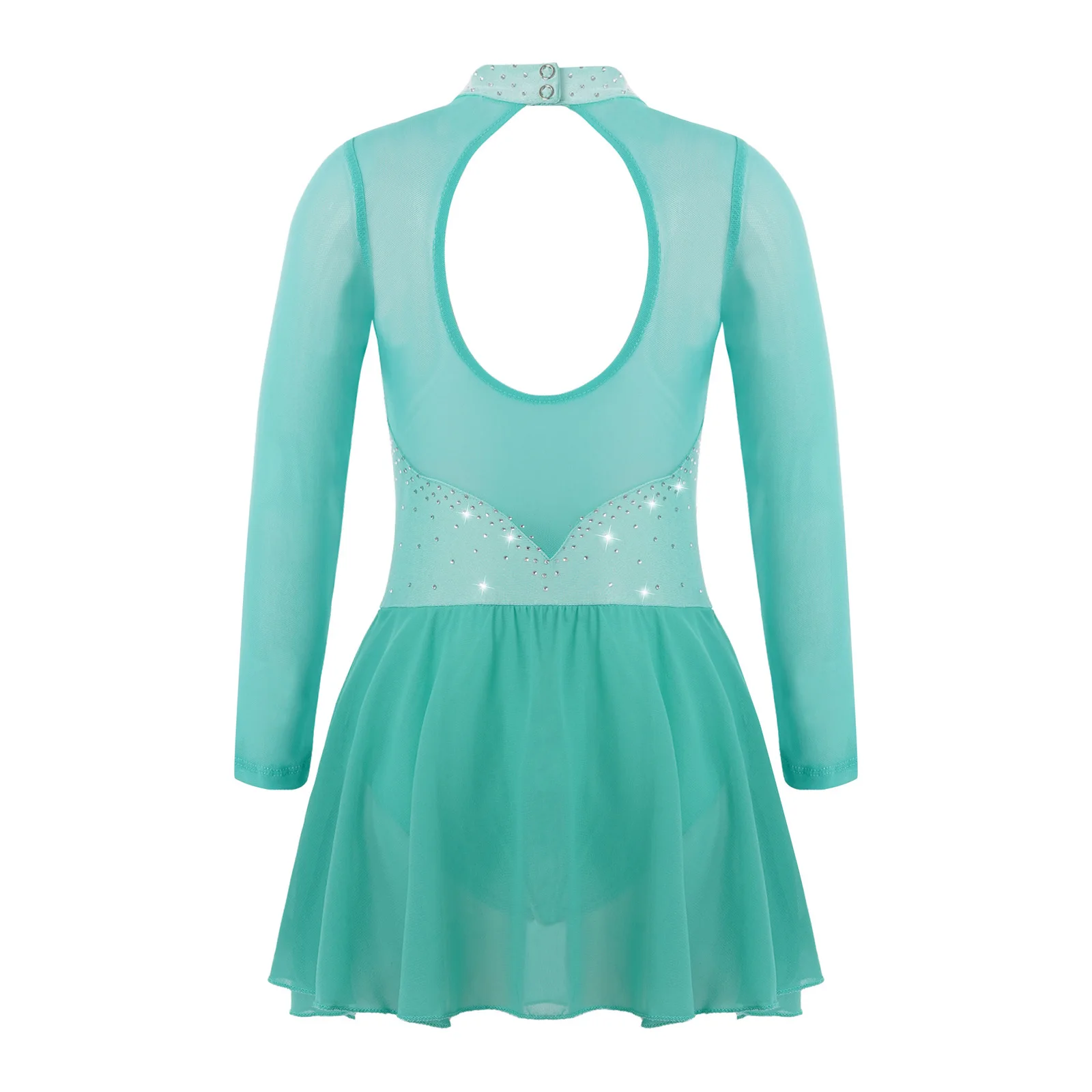 Childs Girls Shiny Rhinestone Long Sleeves Keyhole Back Dance Leotard Dress Kids Ice Roller Figure Skating Dress Dance costume