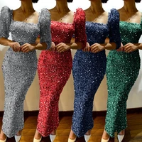 elegant party formal dress womens sexy slim sequined high waist dress womens square collar short puff sleeve solid color dress