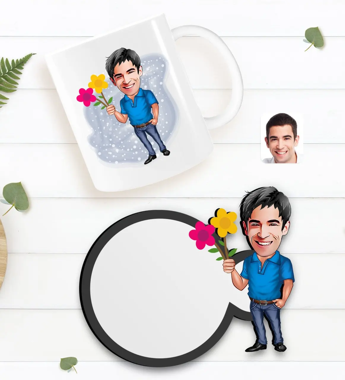 

Персонализированная Мужская карикатура на белую кружку и деревянную подставку в подарок