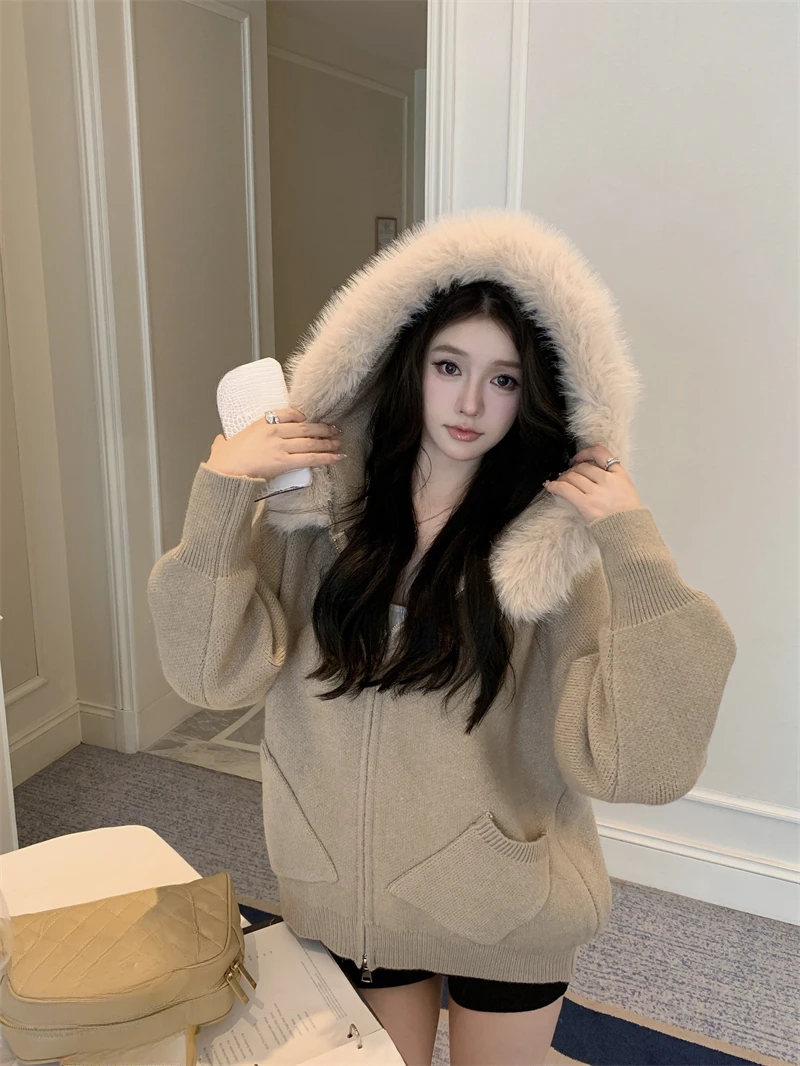 KUSAHIKI меховой свитер с капюшоном для женщин осень-зима вязаный кардиган двойной