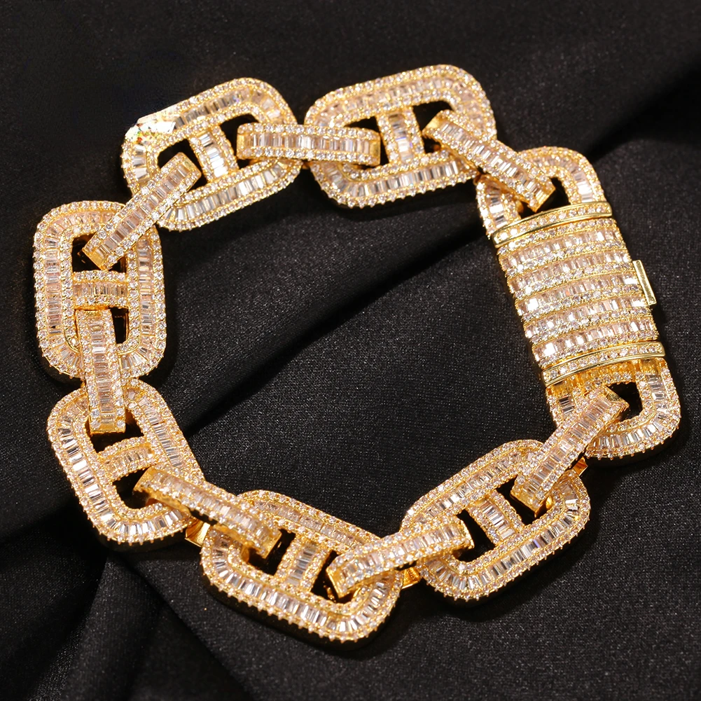 

Baguette CZ Bracelets Miami 15mm Cuban Link Mens Bangles Iced Out Gold Silver Color Luxury Box Clasp Drop Shipping