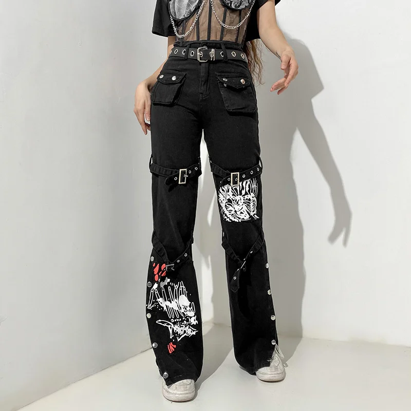 

Spring Print Grunge Jean Pants Women Fashion High-waisted Cargo Jeans Y2k Black High Waist Streetwear Demin Trouser New