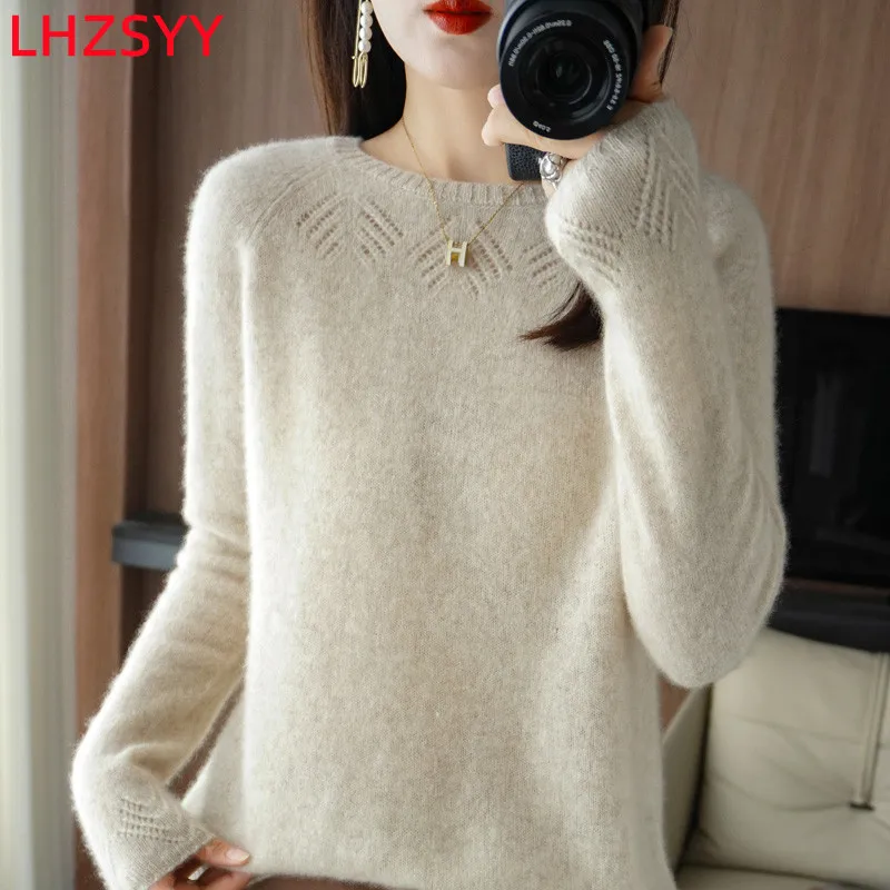 

Новинка 100%, женские осенне-зимние пуловеры LHZSYY с круглым вырезом, свободный толстый кашемировый свитер, вязаные ажурные рубашки