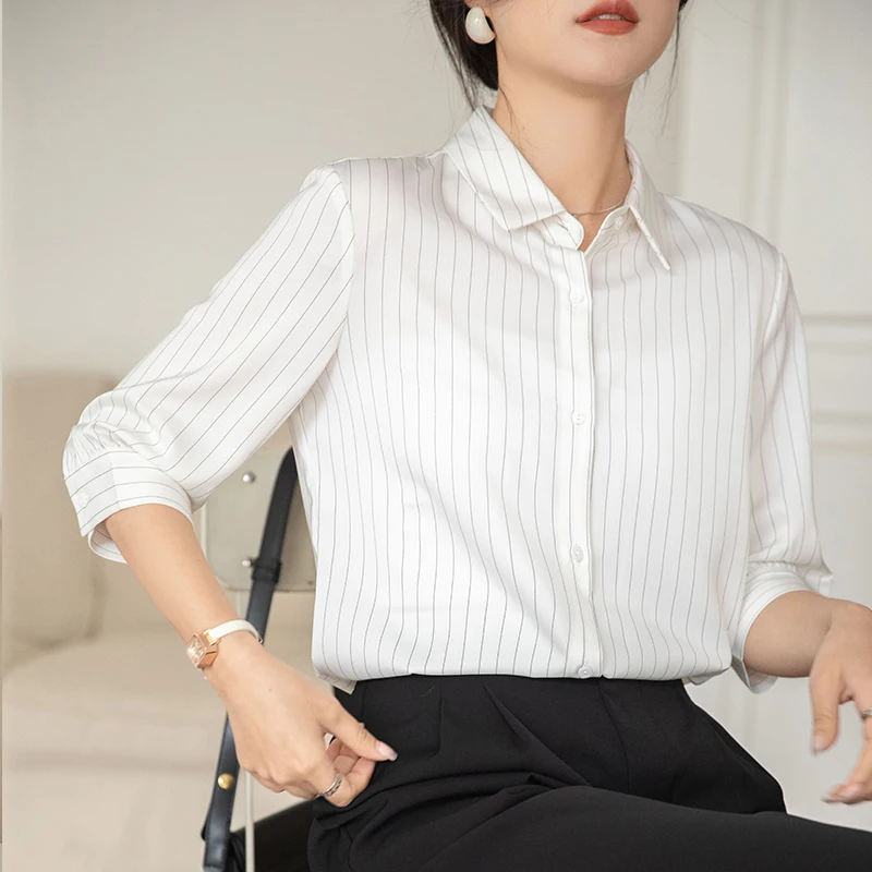 

Summer Women's Half Sleeved Lapel French Bubble Sleeved White Striped Commuting Chiffon Shirt Camisas De Mujer Blouse Tops C889