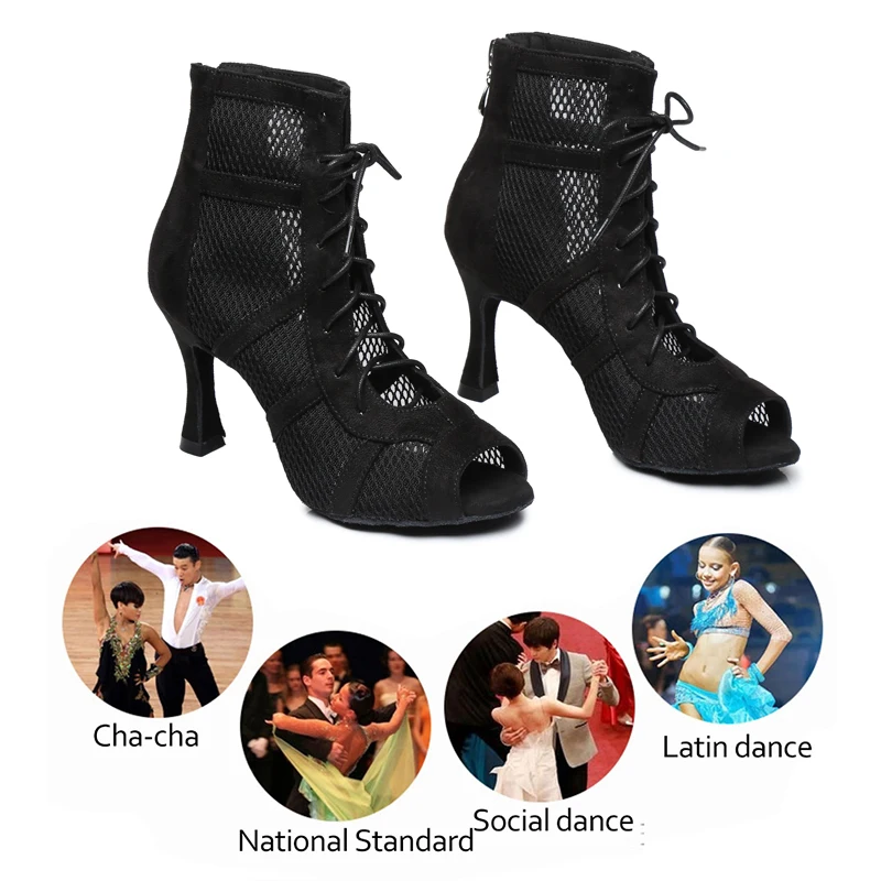 SWDZM Cool Women's Short Boots Ballroom Dance Boots Girls Jazz Black Suede Sole Dance Shoes Net Boots Custom Heel Sandals