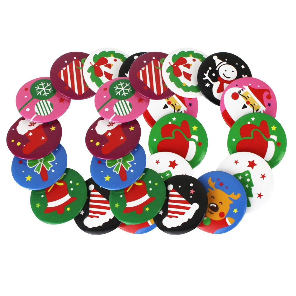 

24pcs Tinplate Badge Decorative Christmas Brooch Pin Santa Claus Snowman Stocking Tree Reindeer Bells Badge Brooch for Backpack