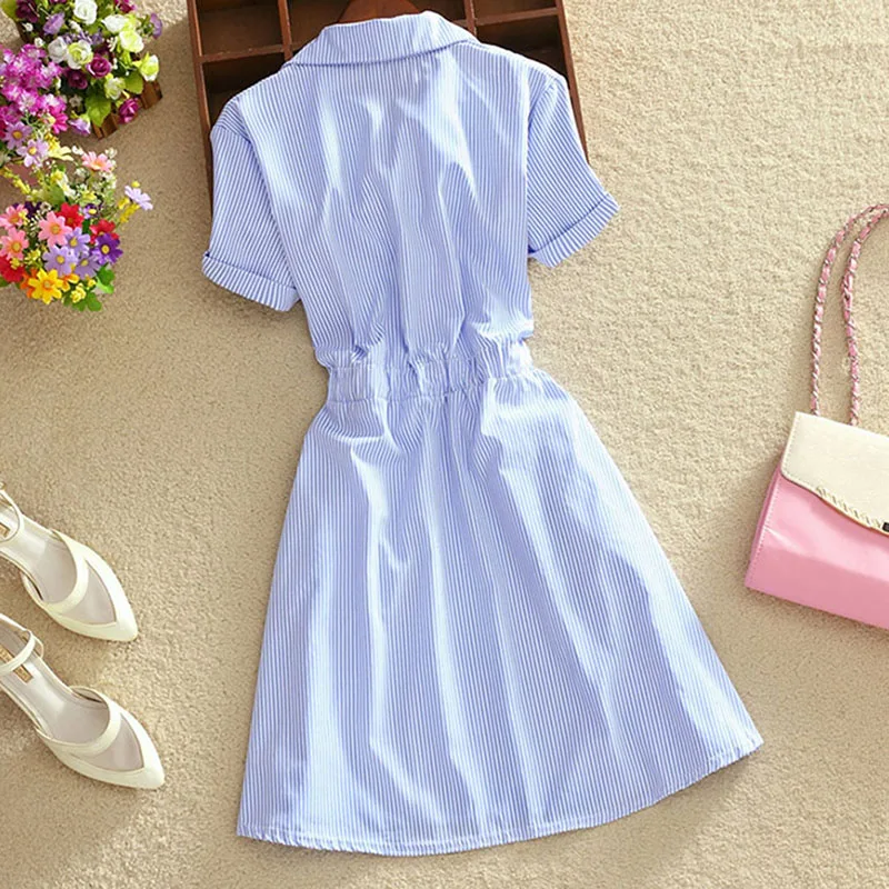 

Women Summer Dress Shirt Blue Stripped Tunic Turn Down Collar Office Lady Work Wear Shirts Female Elegant Bow Button Dress