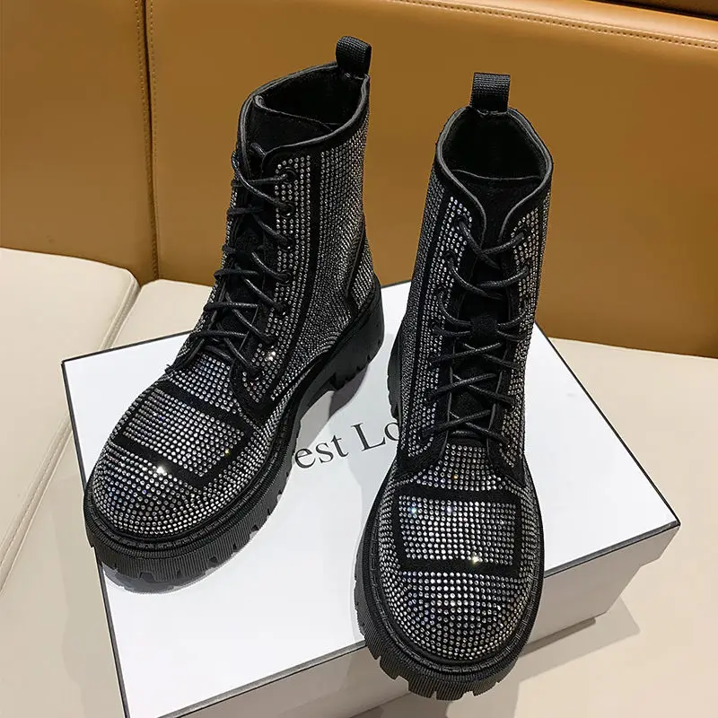 

Oraqwlj Women Boots 2022 New Sexy Short Boots Fashion Rhinestone Full Diamond Starry Thick-soled Martin Boots Motorcycle Boots