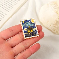 van gogh oil painting star castle stamp modeling enamel brooch clothing bag metal decoration personalized cartoon jewelry pin
