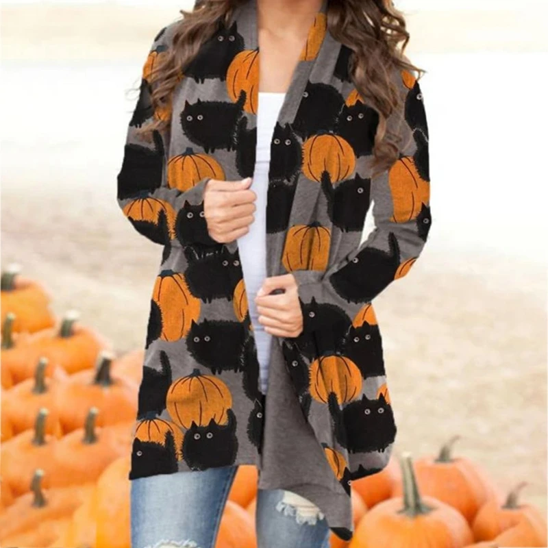 

Cute Halloween Pumpkin Cardigan for Women Long Sleeves Knitting Cardigan Outwear