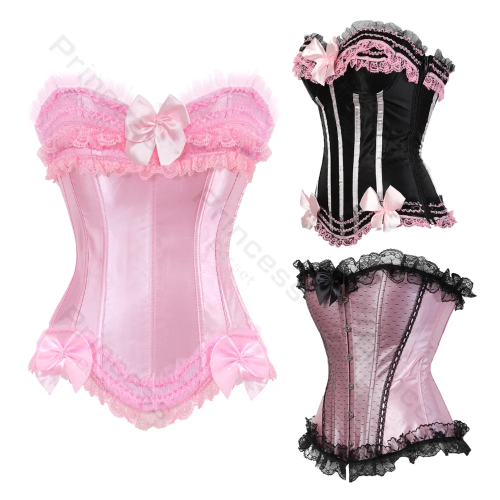 Купи Pink Corset Bustier Top Victorian Overbust Princess Corset Lace Trim Showgirl Lingerie Costume Corsets for Women Plus Size за 499 рублей в магазине AliExpress